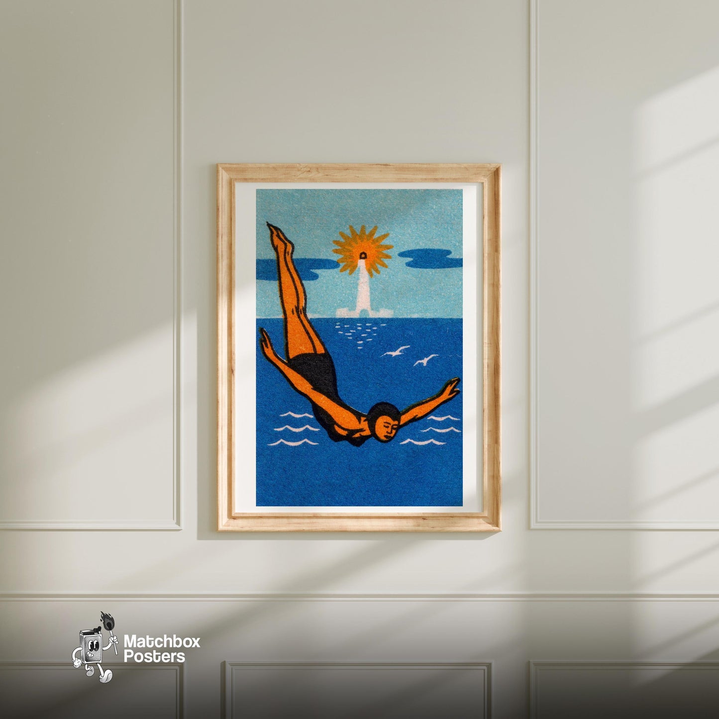 Diver - vintage matchbox label print - bedroom mockup