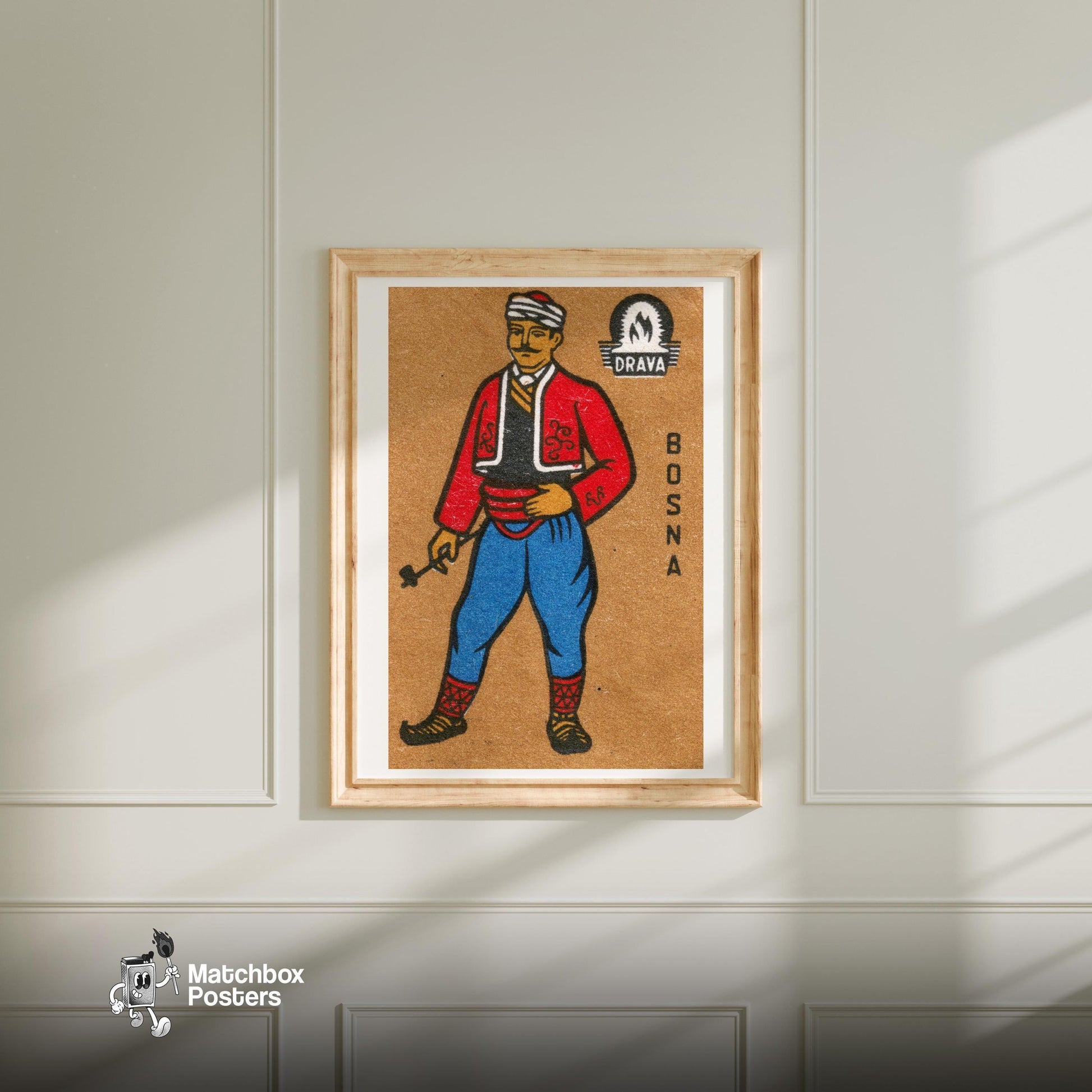 Man Bosna - vintage matchbox label print - bedroom mockup