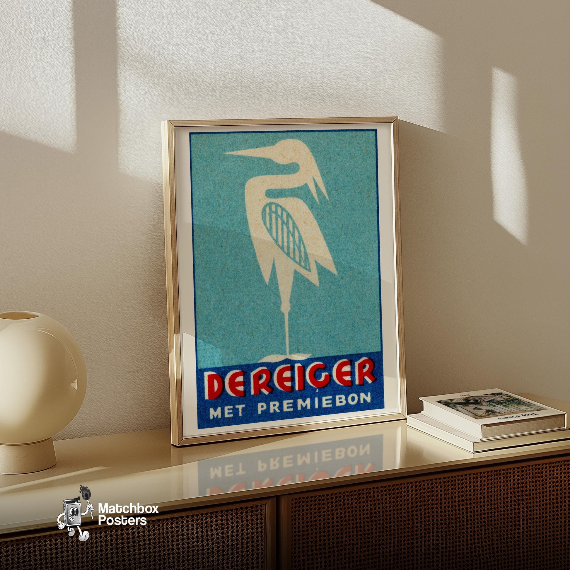 Stylized Heron - vintage matchbox label print - size comparison