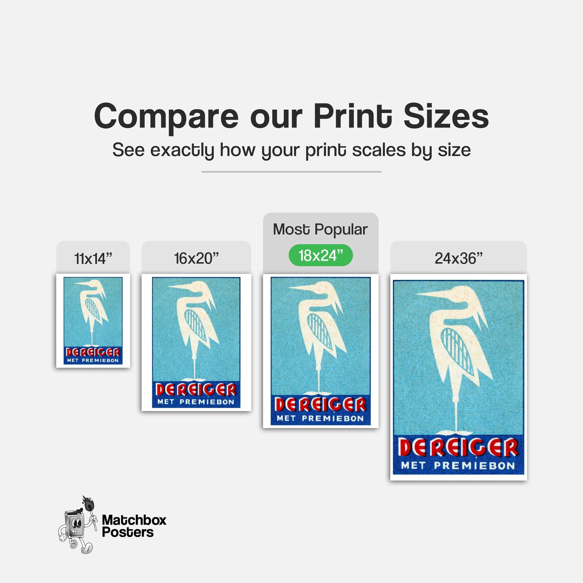 Stylized Heron - vintage matchbox label print - gallery wall preview