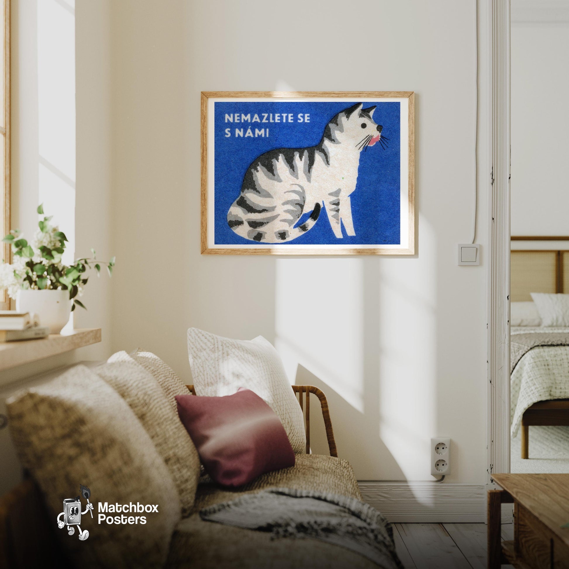 Illustration Of A Sitting Cat - vintage matchbox label print - living room mockup