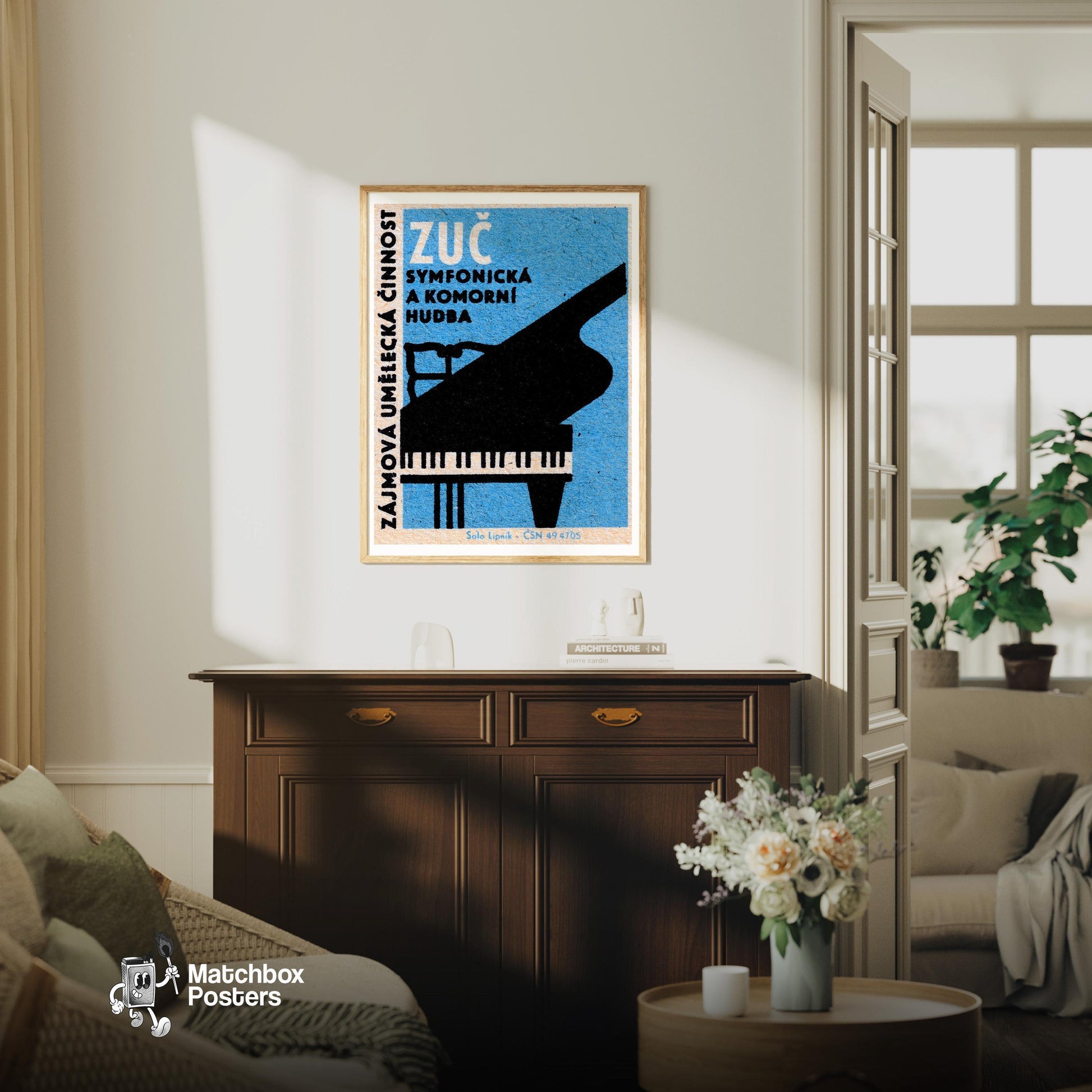 Grand Piano - vintage matchbox label print - living room mockup