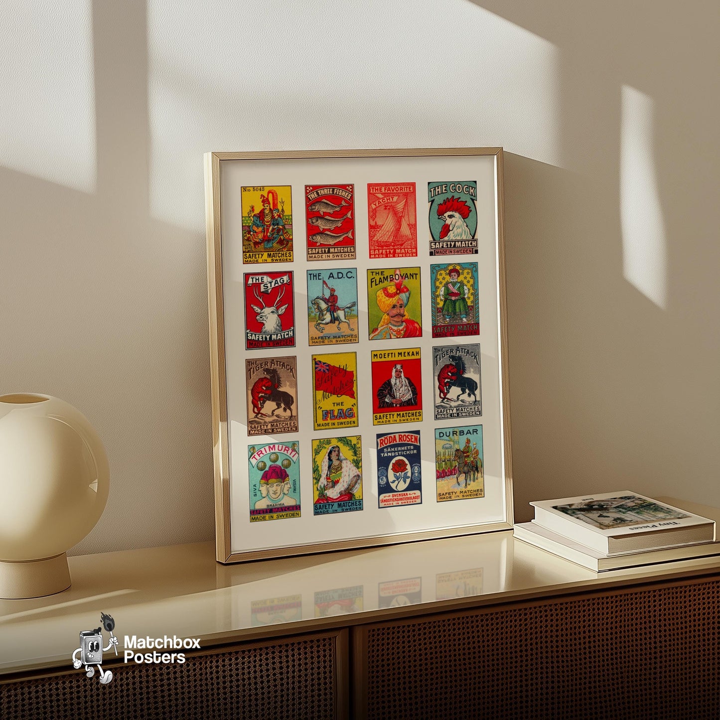 Swedishs Grid Print - vintage matchbox label print - bedroom mockup
