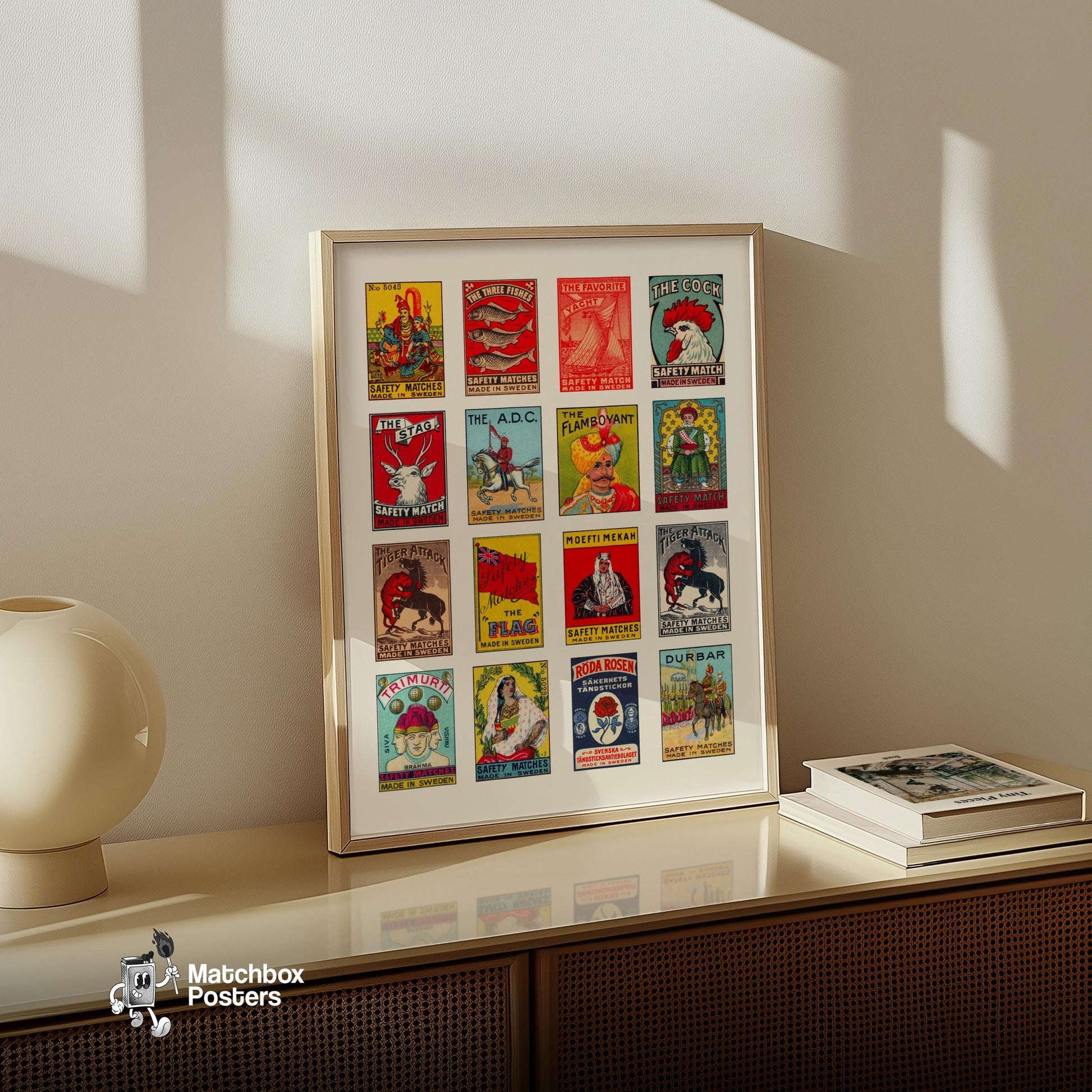 Swedishs Grid Print - vintage matchbox label print - bedroom mockup
