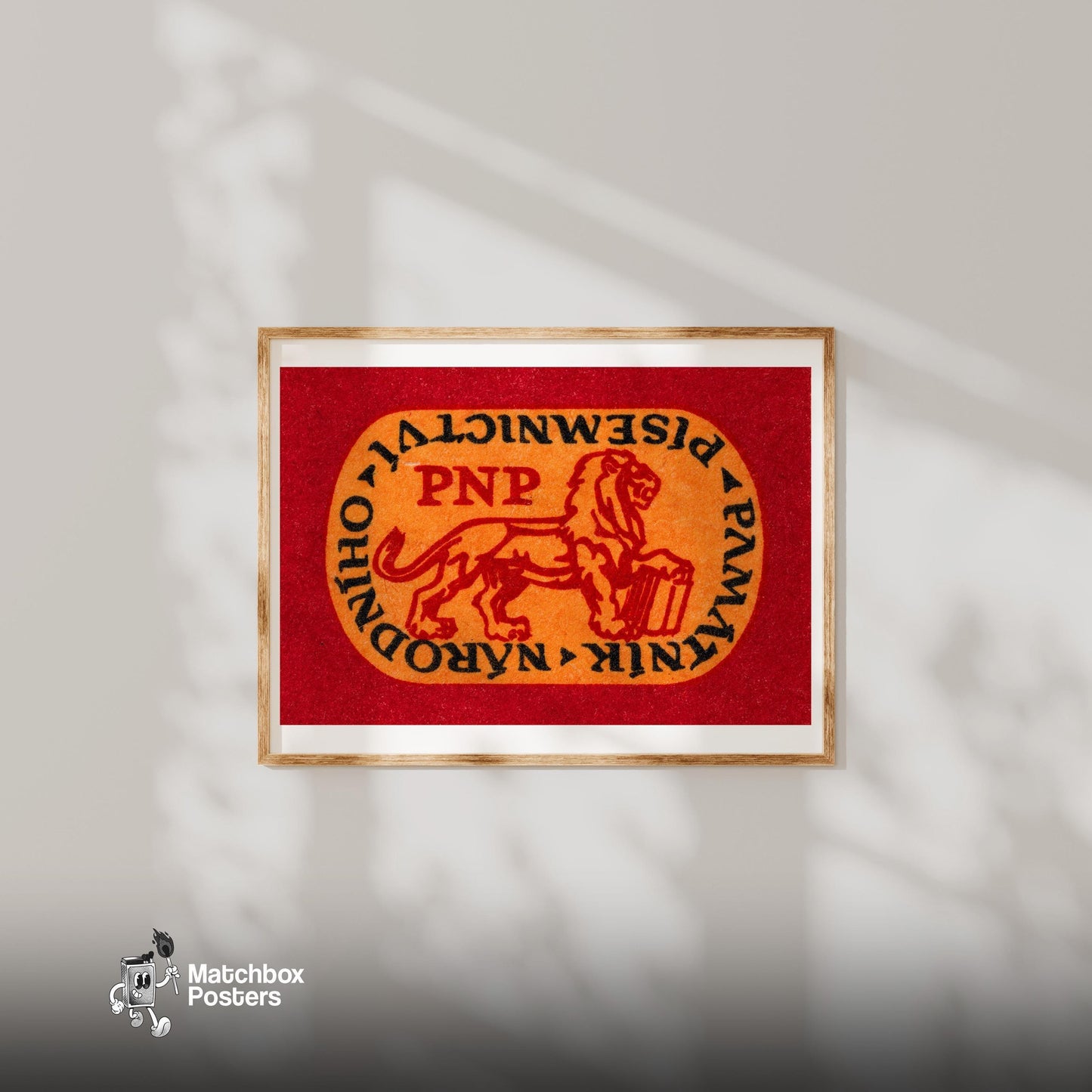Red Lion Holding A Book - vintage matchbox label print - bedroom mockup