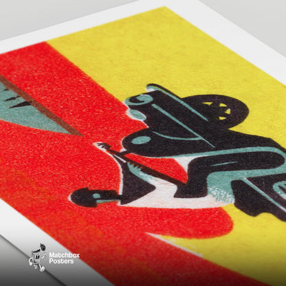 Motorcycle Rider - vintage matchbox label print - close-up detail