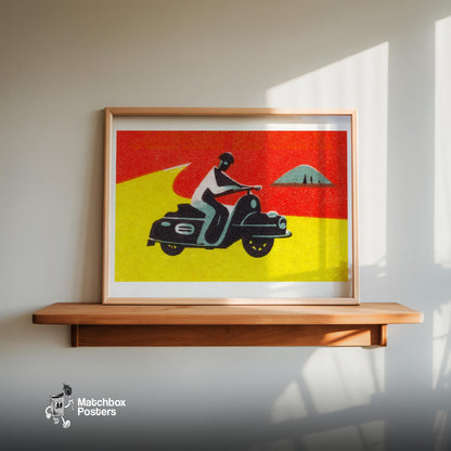 Motorcycle Rider - vintage matchbox label print - size comparison