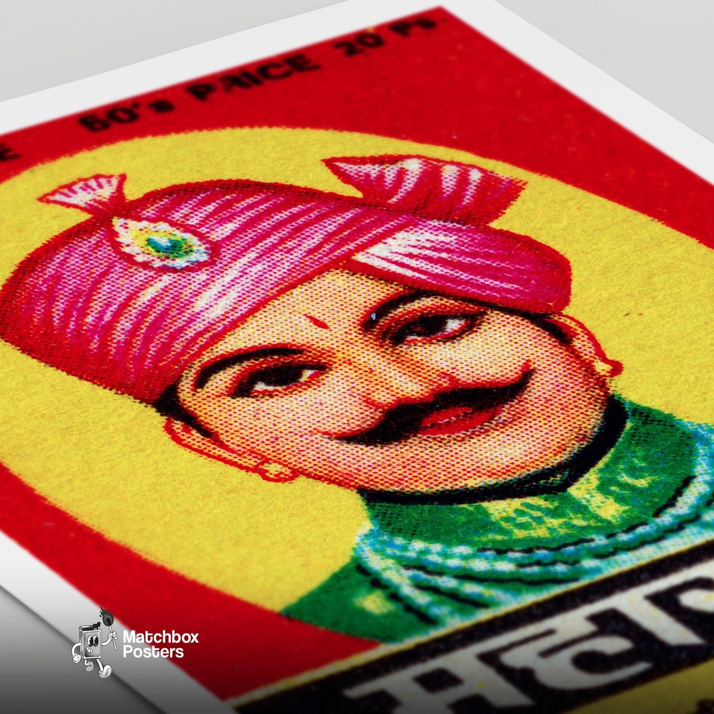 Indian Man in Pink Turban - vintage matchbox label print - close-up detail
