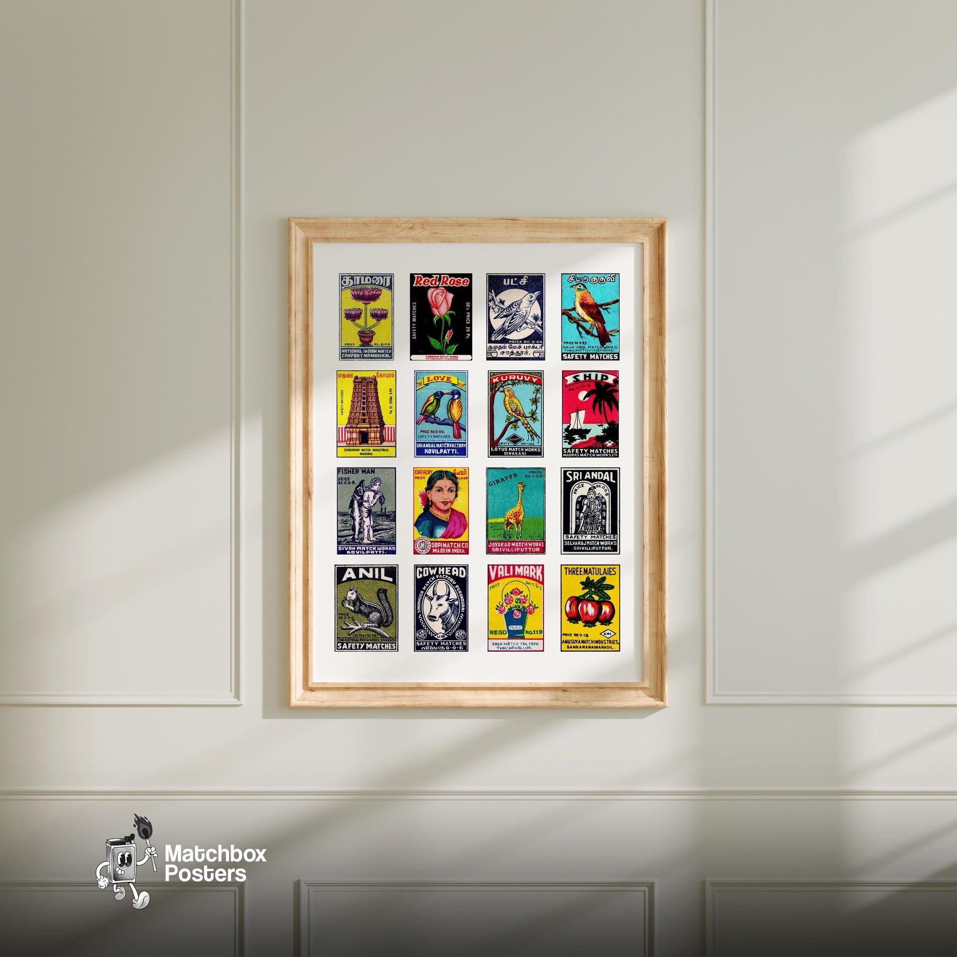 Vintage Tamil Art - vintage matchbox label print - living room mockup