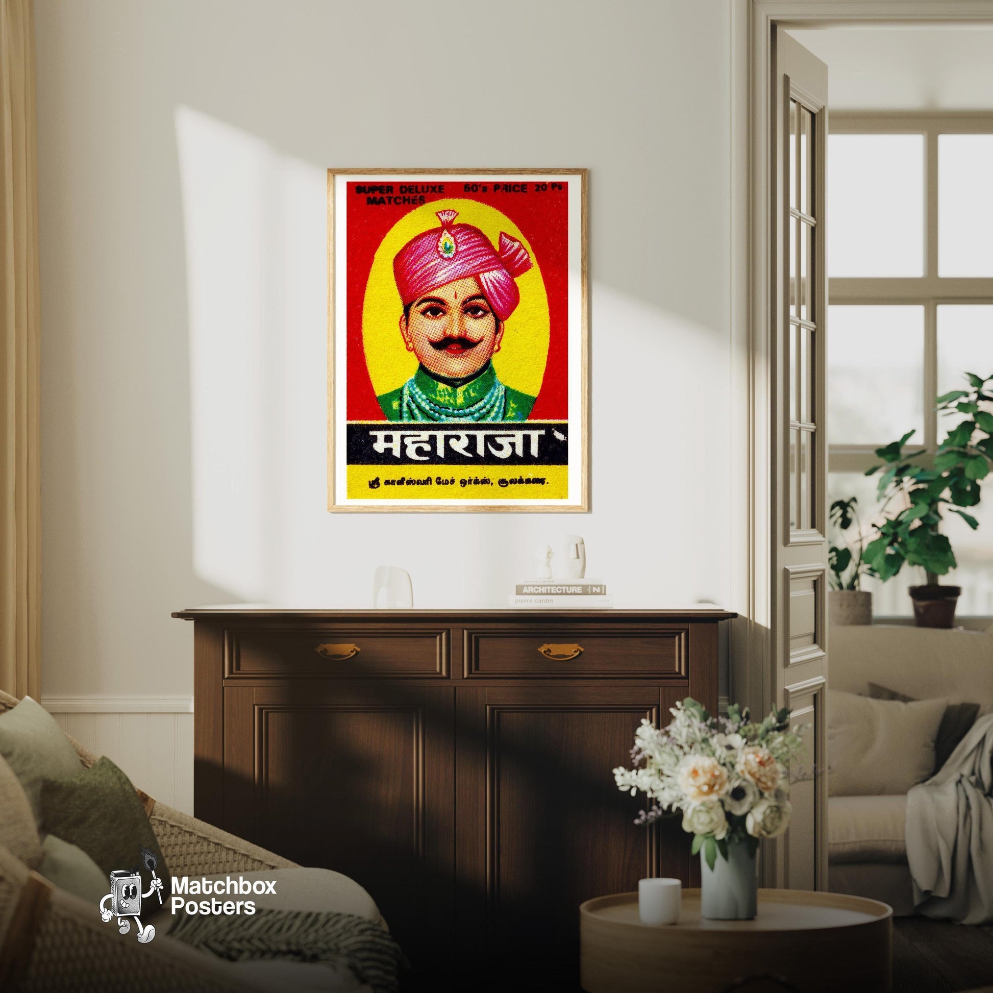 Indian Man in Pink Turban - vintage matchbox label print - living room mockup