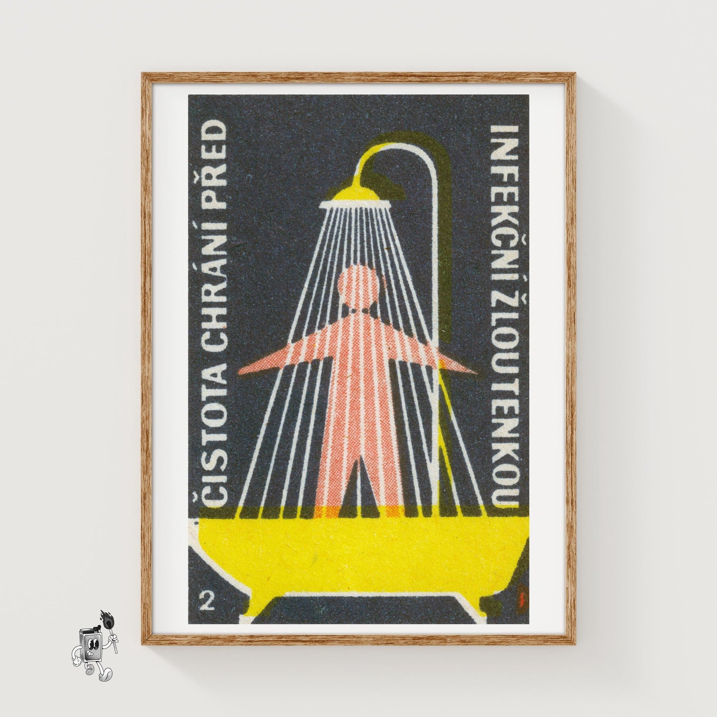 Person Standing Under Shower - vintage matchbox label print