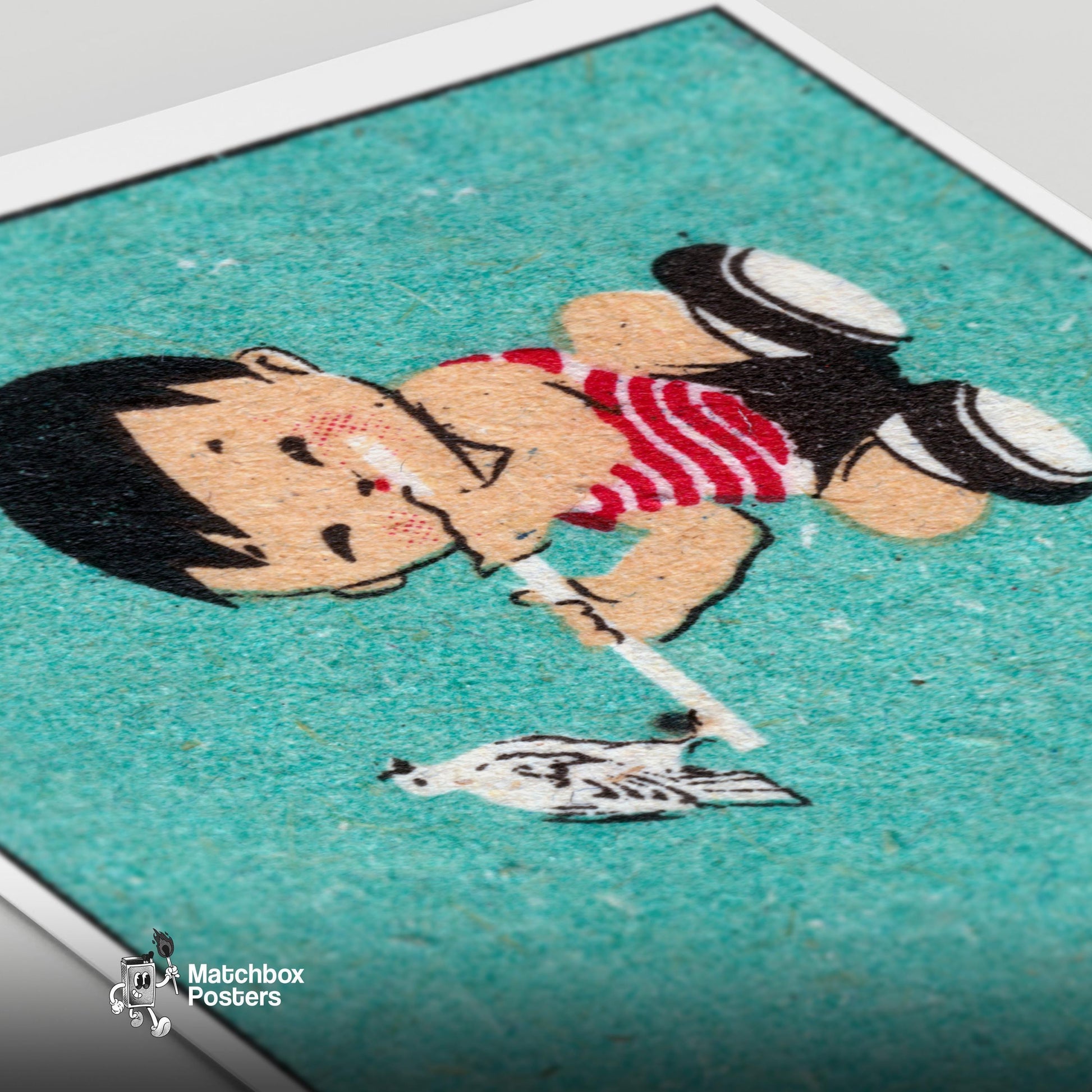 Boy with Bird - vintage matchbox label print - close-up detail