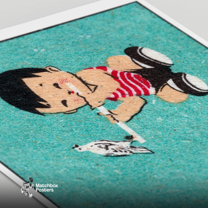 Boy with Bird - vintage matchbox label print - close-up detail