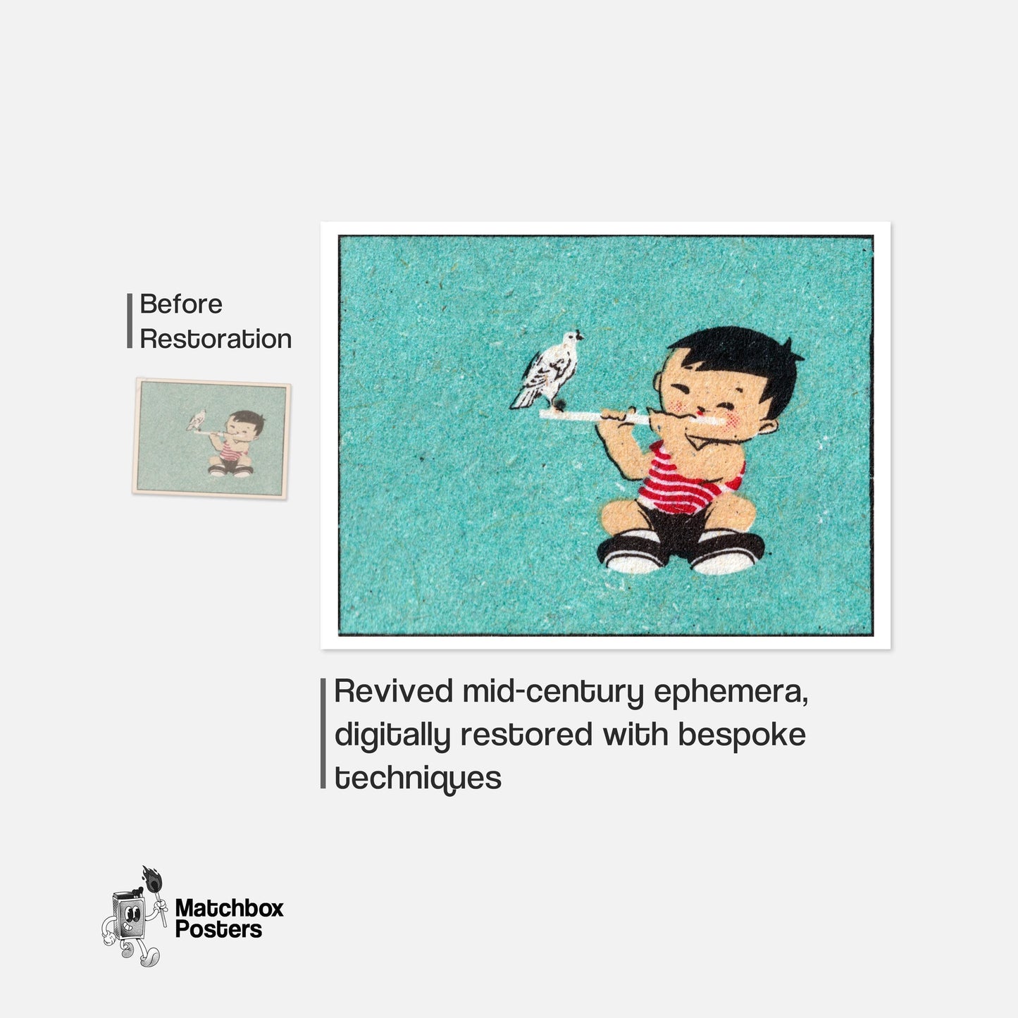 Boy with Bird - vintage matchbox label print - framed wall art preview