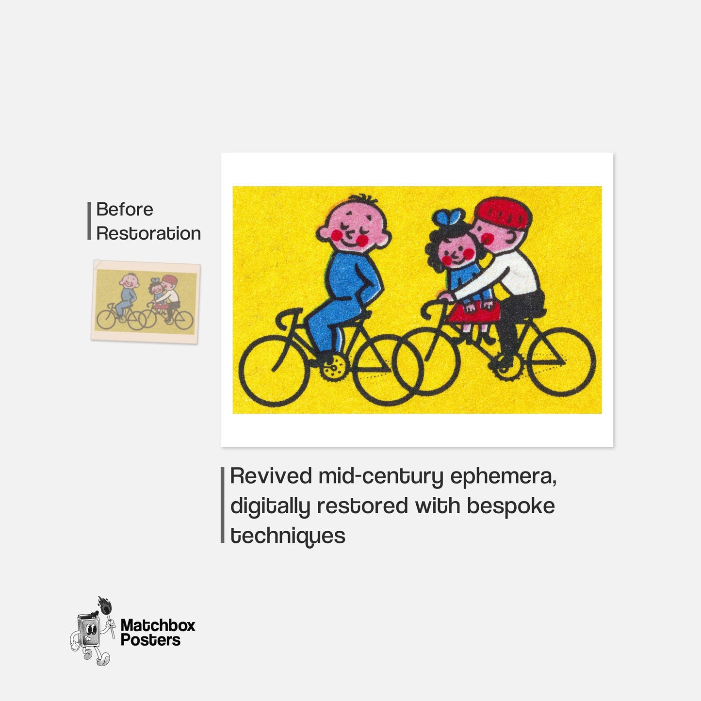 Kids Cycling - vintage matchbox label print - framed wall art preview
