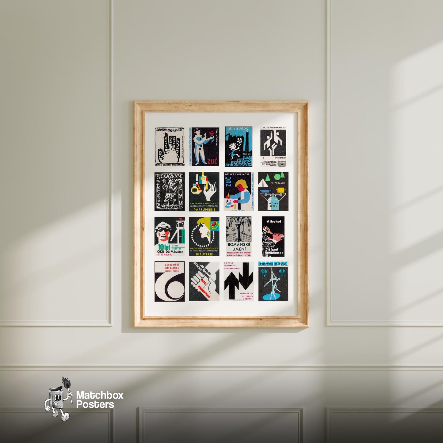 Blacks Grid - vintage matchbox label print - living room mockup