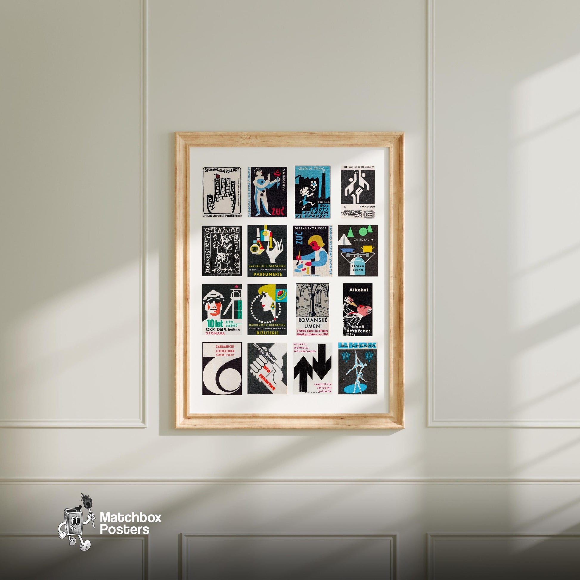 Blacks Grid - vintage matchbox label print - living room mockup