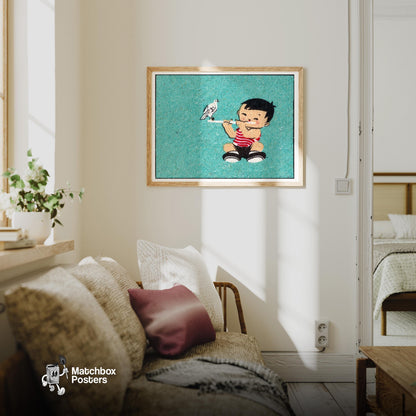 Boy with Bird - vintage matchbox label print - living room mockup