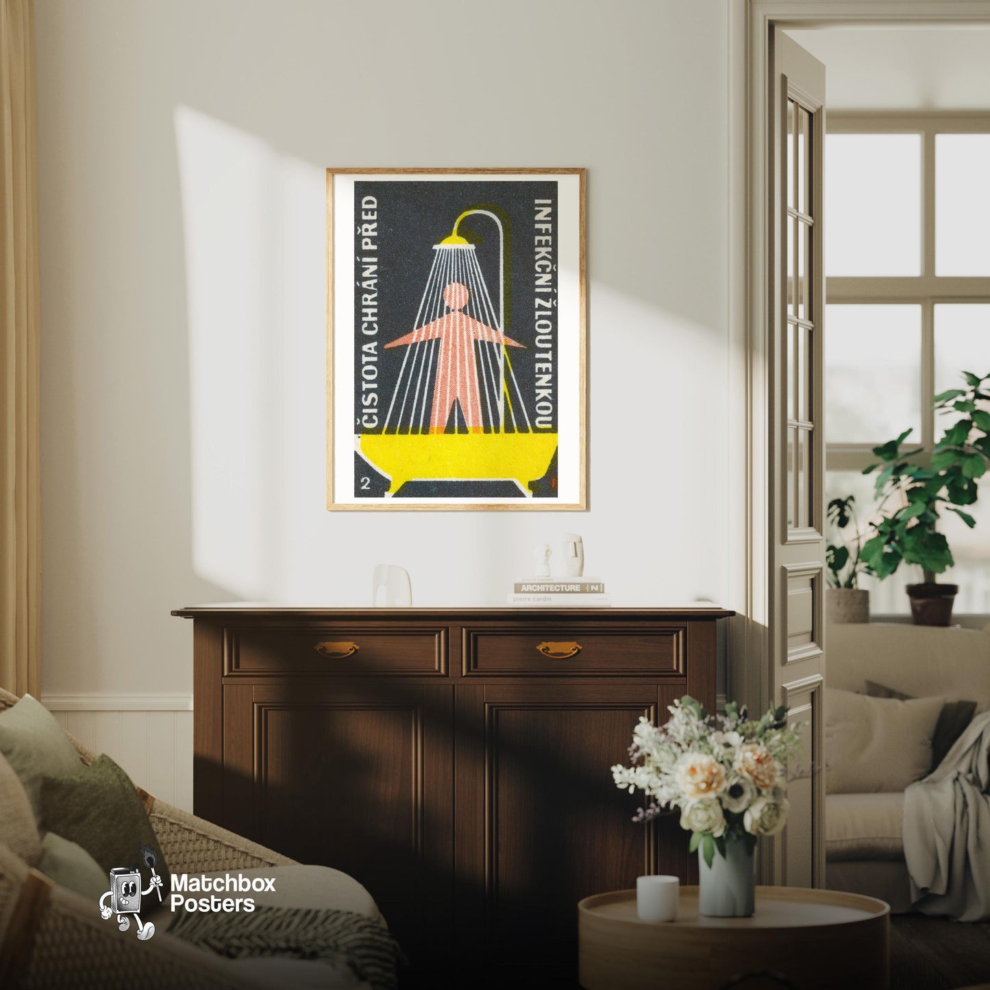 Person Standing Under Shower - vintage matchbox label print - living room mockup