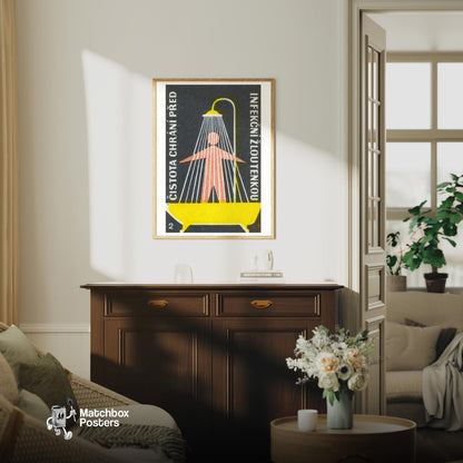 Person Standing Under Shower - vintage matchbox label print - living room mockup