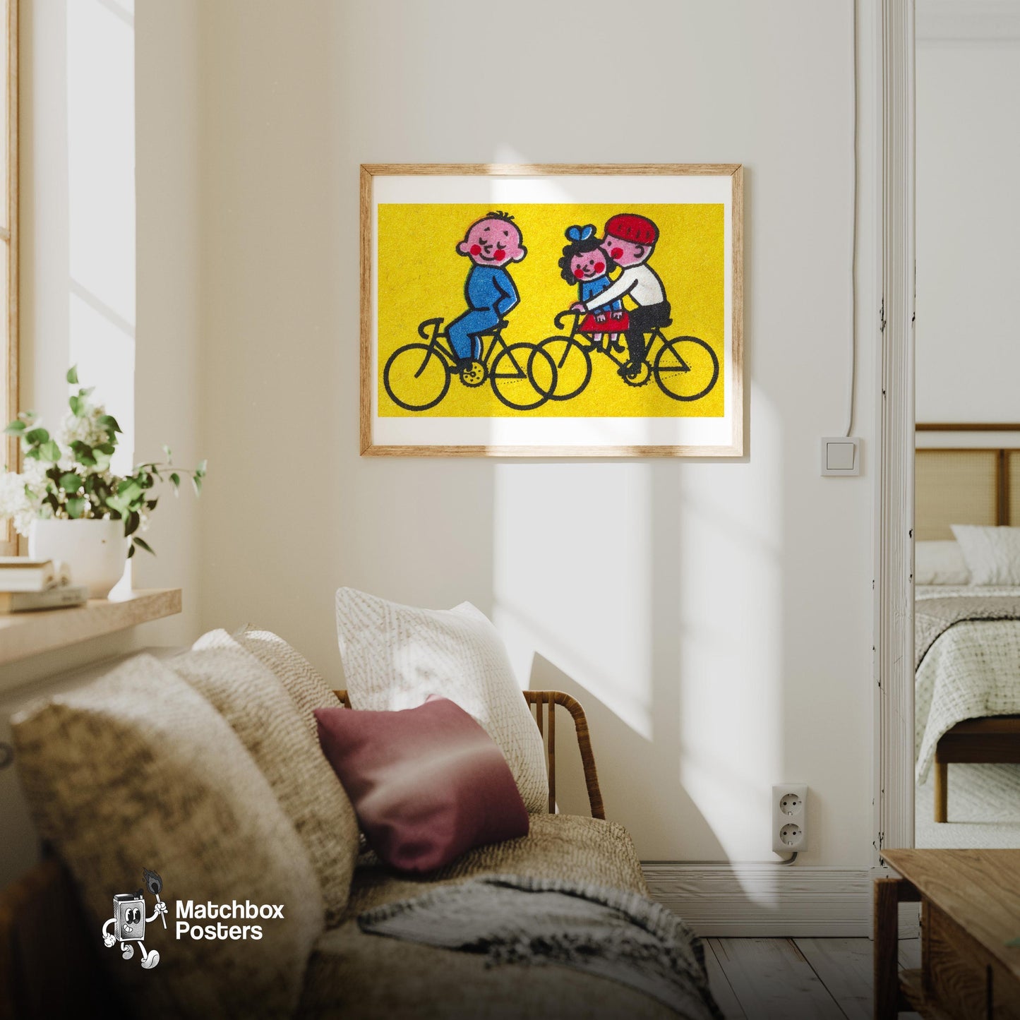 Kids Cycling - vintage matchbox label print - living room mockup