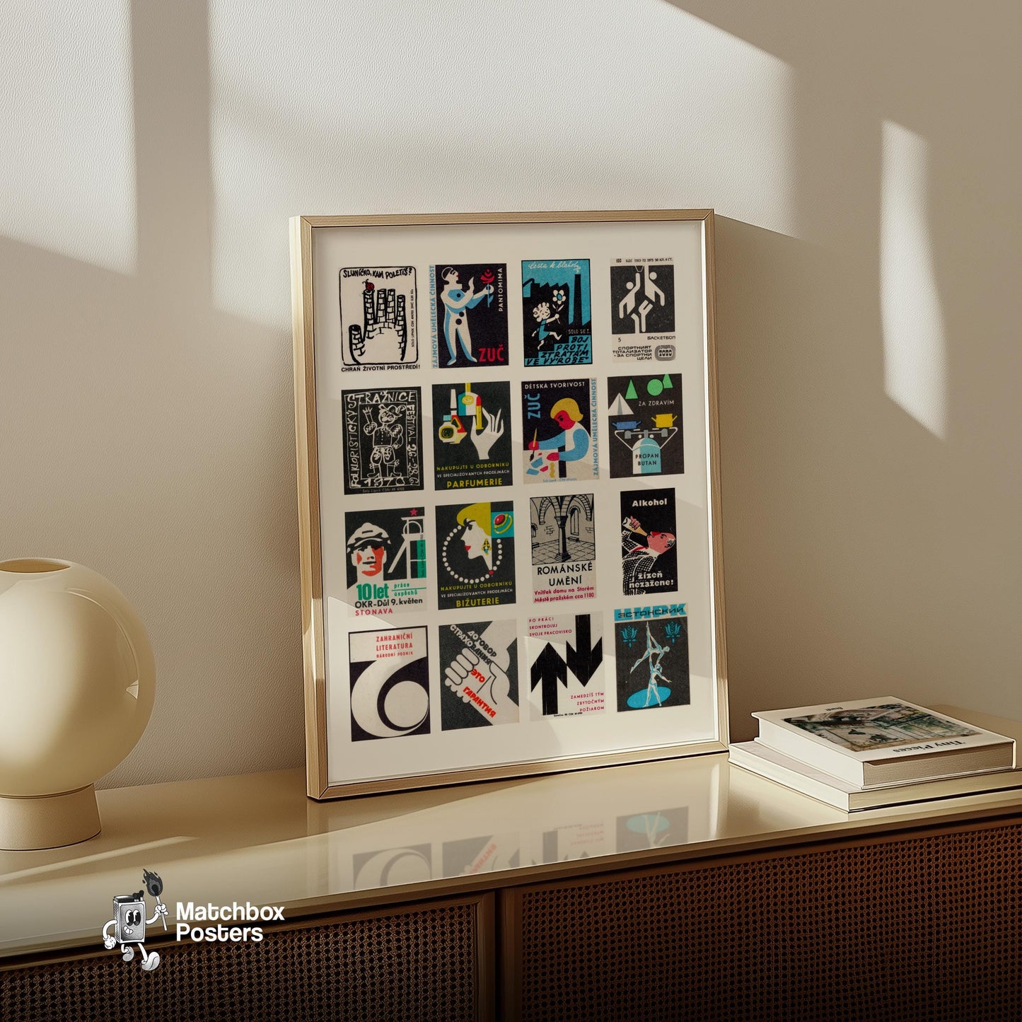 Blacks Grid - vintage matchbox label print - bedroom mockup