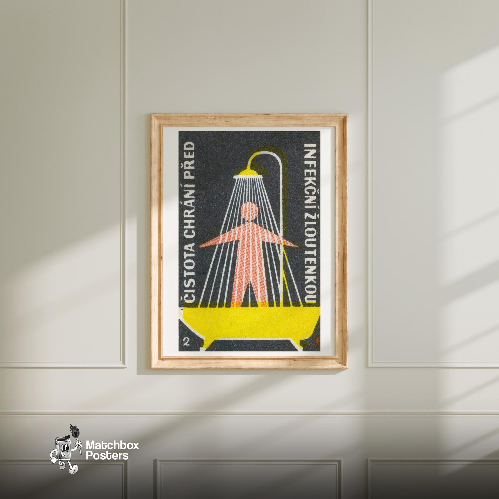 Person Standing Under Shower - vintage matchbox label print - bedroom mockup