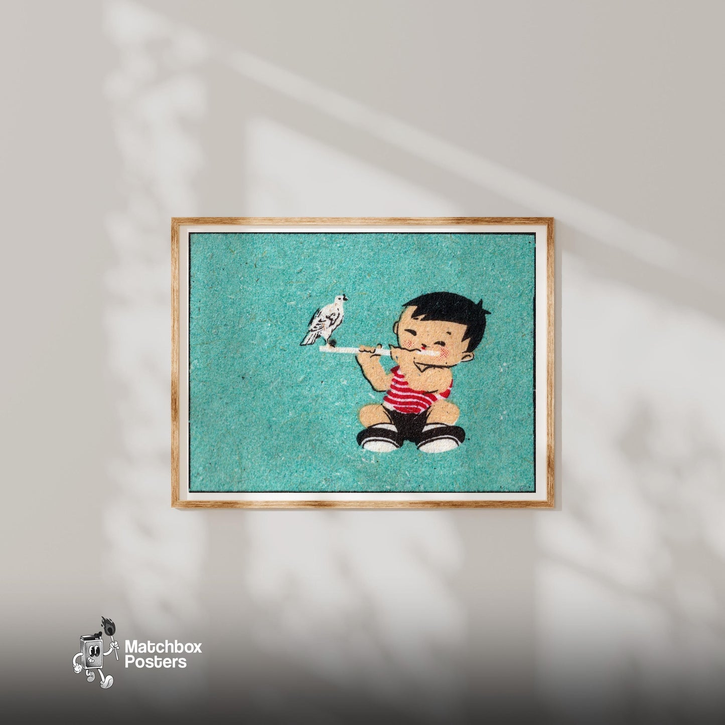 Boy with Bird - vintage matchbox label print - bedroom mockup