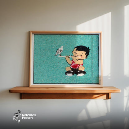 Boy with Bird - vintage matchbox label print - size comparison