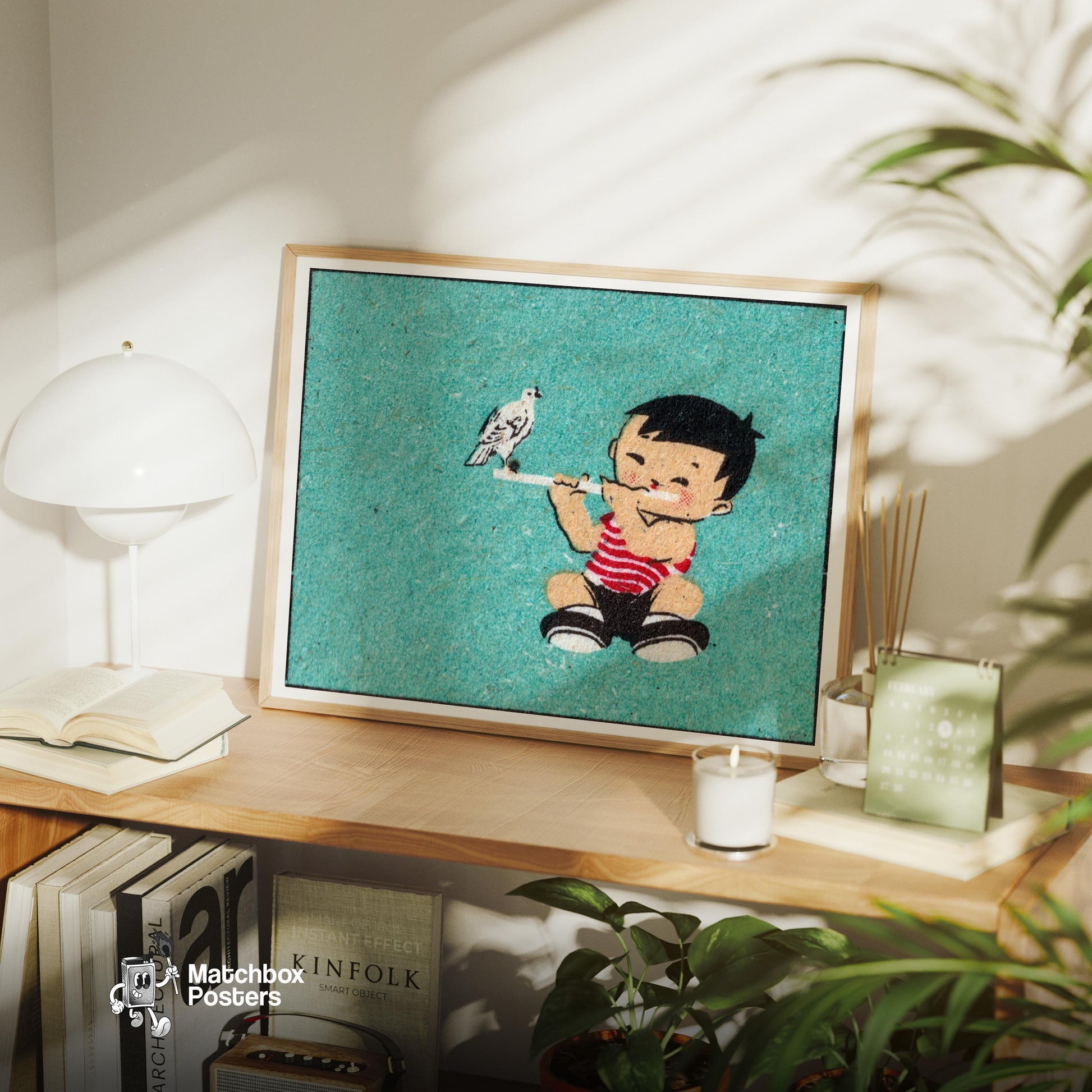 Boy with Bird - vintage matchbox label print - office wall