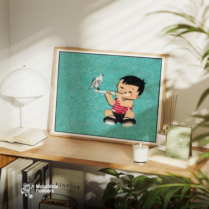 Boy with Bird - vintage matchbox label print - office wall