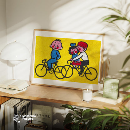 Kids Cycling - vintage matchbox label print - office wall