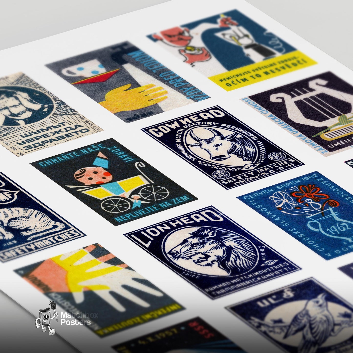 Dark Blue Collage - vintage matchbox label print - close-up detail