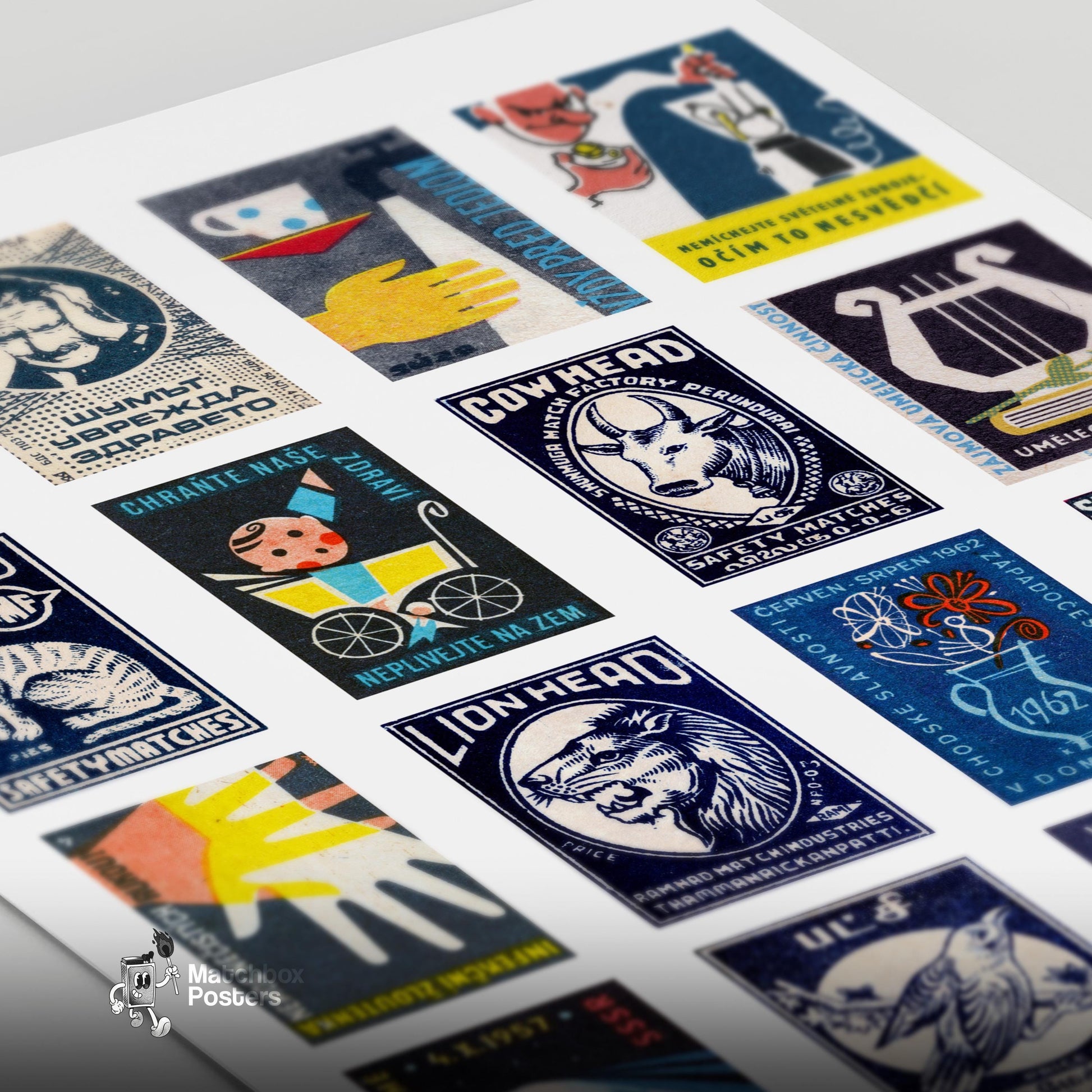 Dark Blue Collage - vintage matchbox label print - close-up detail