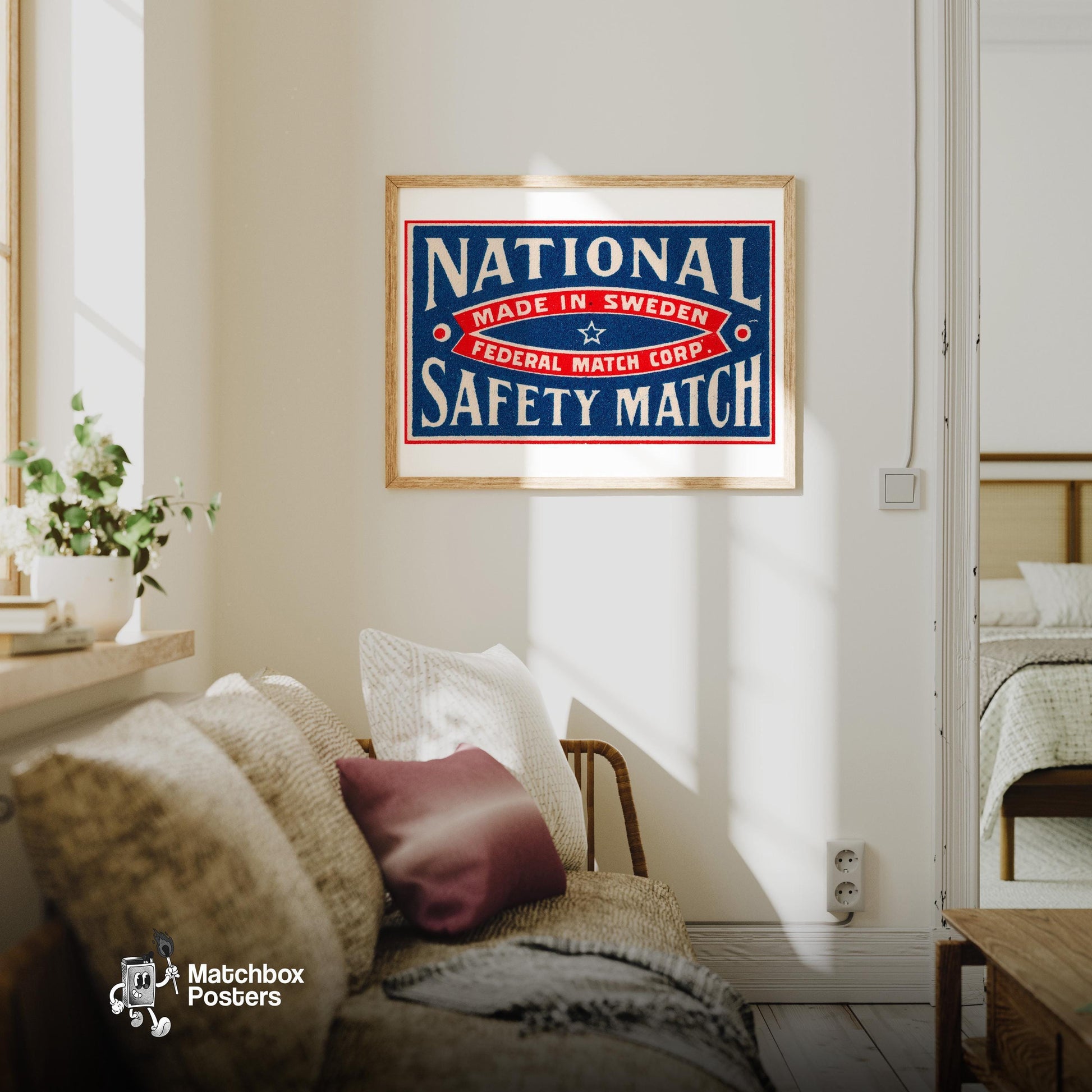 National Safety - vintage matchbox label print - living room mockup
