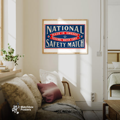 National Safety - vintage matchbox label print - living room mockup