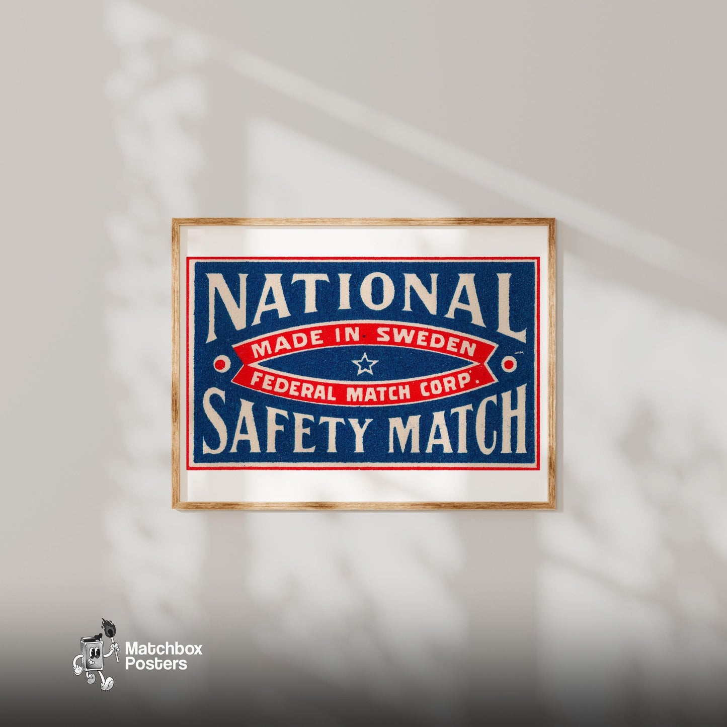National Safety - vintage matchbox label print - bedroom mockup