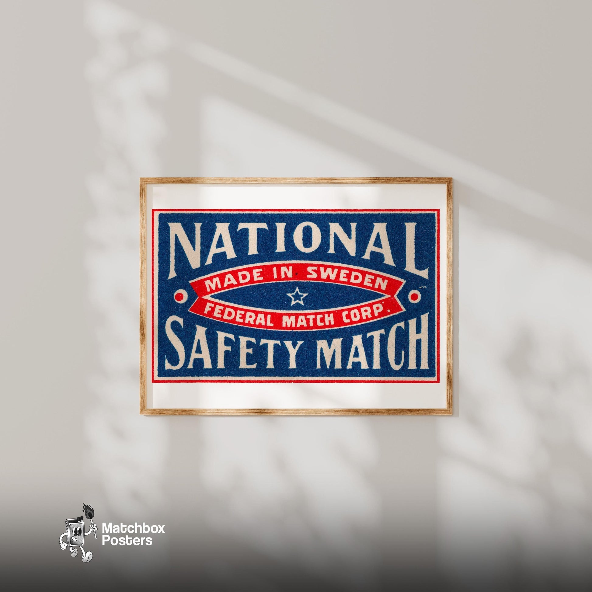 National Safety - vintage matchbox label print - bedroom mockup