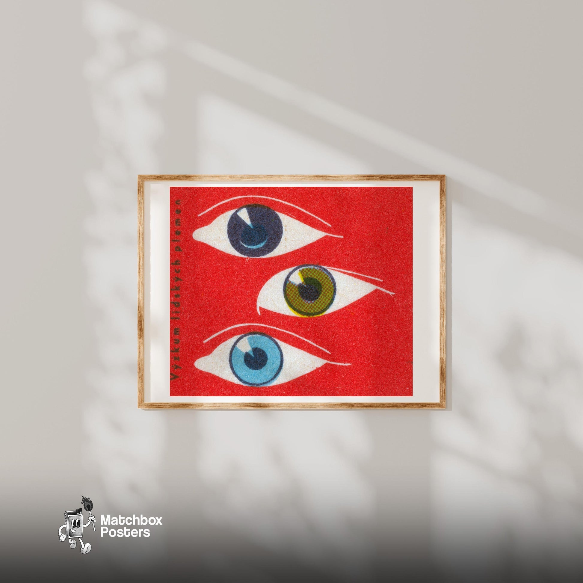 Three Eyes - vintage matchbox label print - bedroom mockup