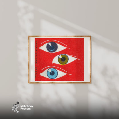 Three Eyes - vintage matchbox label print - bedroom mockup