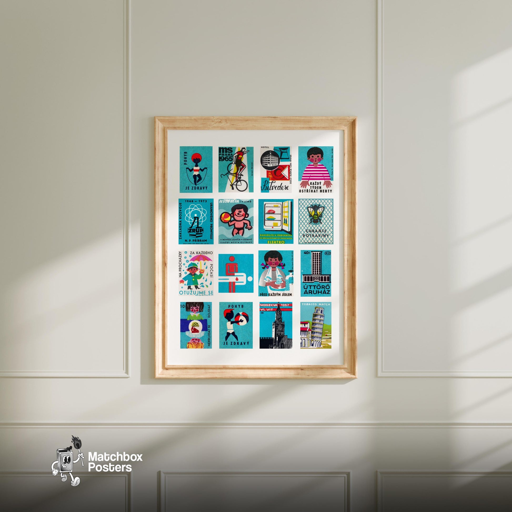 Turquoises Grid - vintage matchbox label print - living room mockup