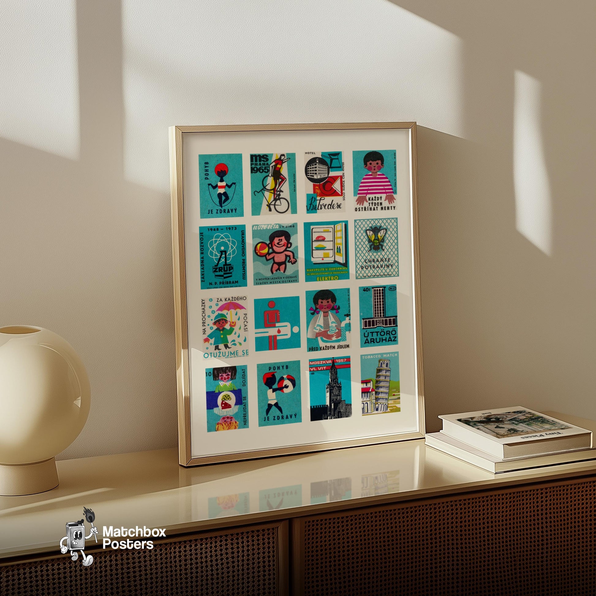 Turquoises Grid - vintage matchbox label print - bedroom mockup