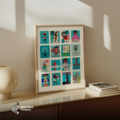 Turquoises Grid - vintage matchbox label print - bedroom mockup