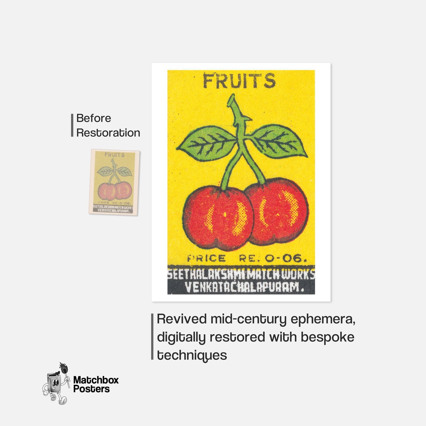 Two Red Cherries - vintage matchbox label print - framed wall art preview