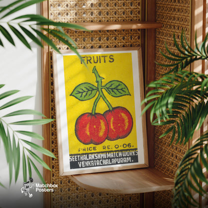 Two Red Cherries - vintage matchbox label print - office wall