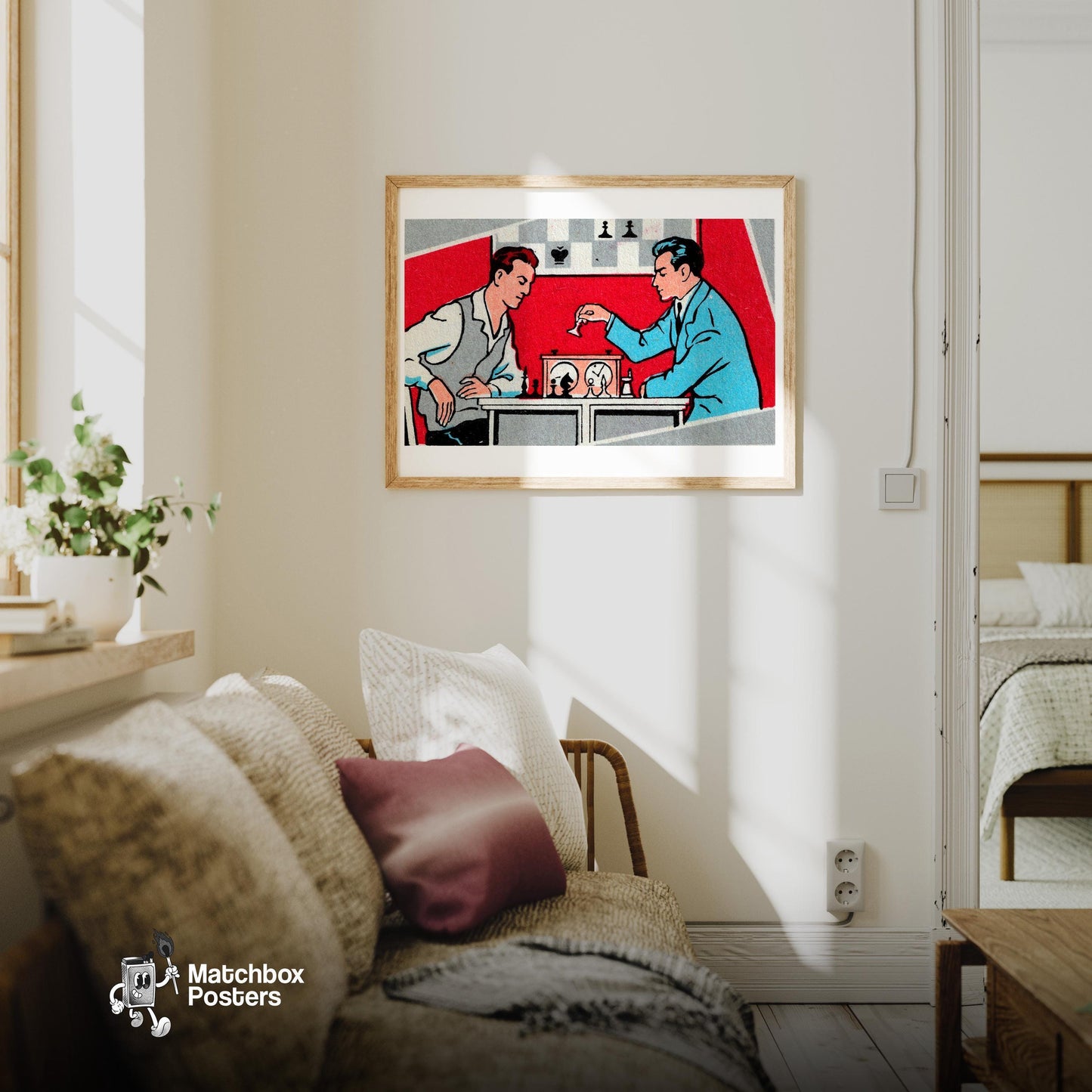 Chess Players - vintage matchbox label print - living room mockup