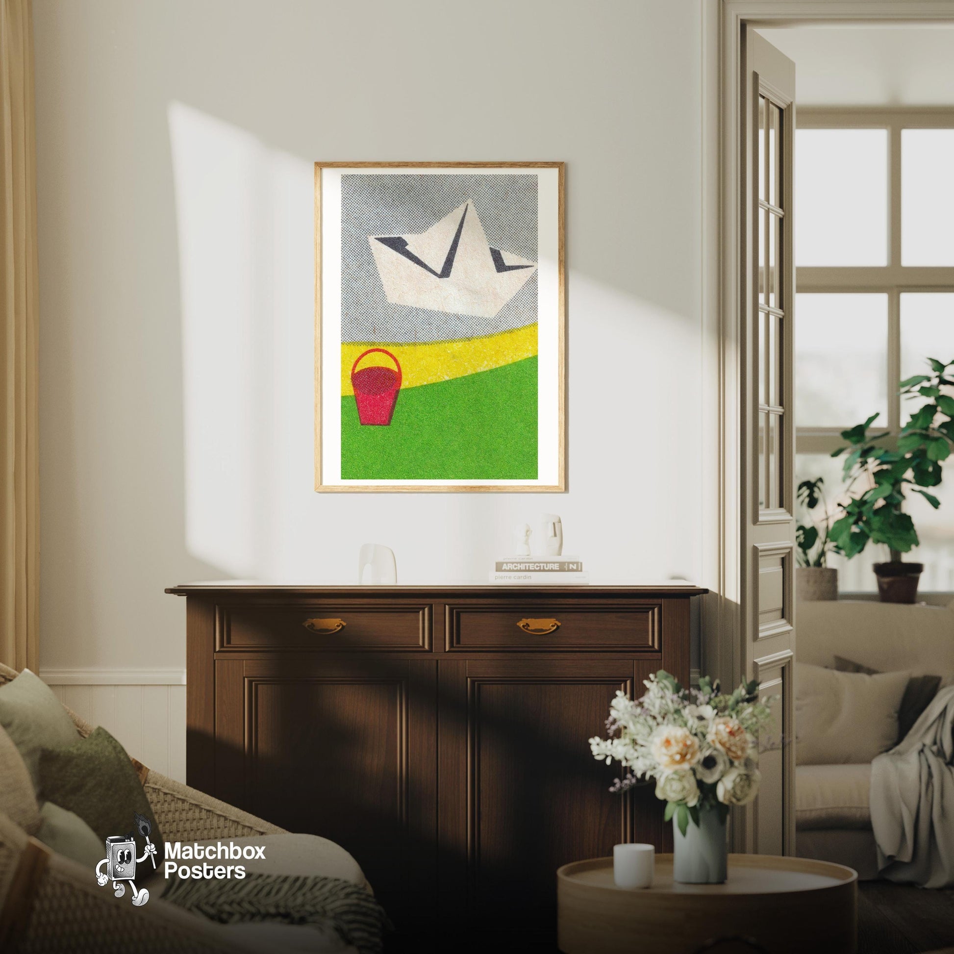 Paper Boat - vintage matchbox label print - living room mockup