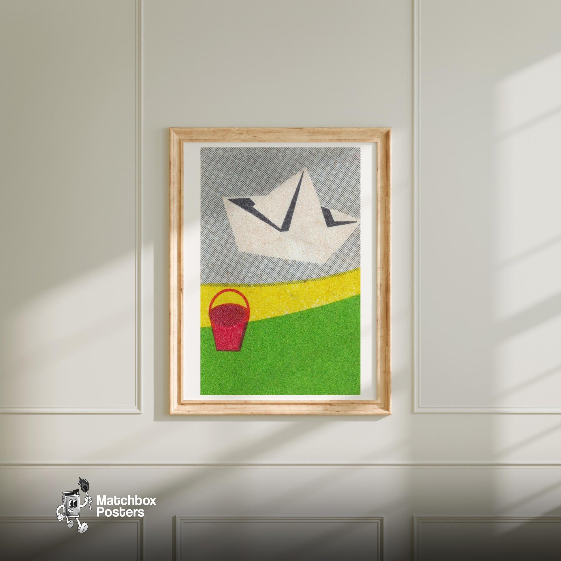 Paper Boat - vintage matchbox label print - bedroom mockup
