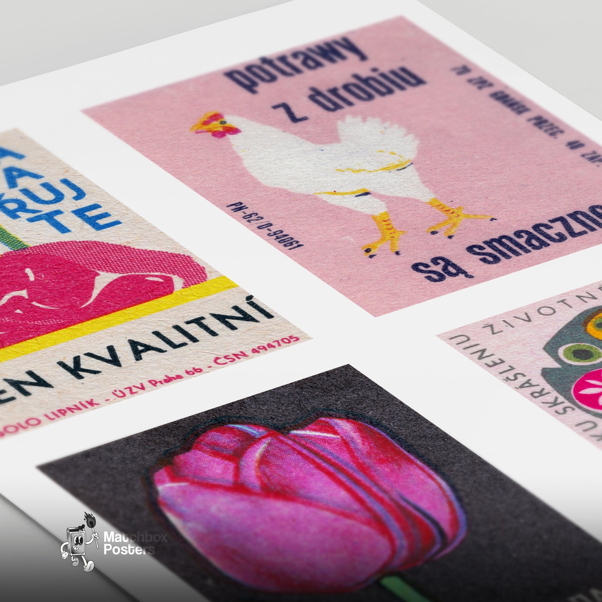 Pinks Grid Print - vintage matchbox label print - close-up detail