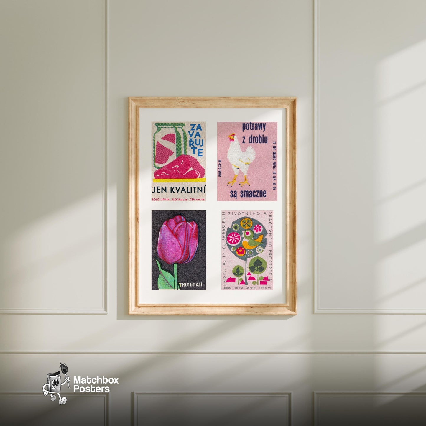 Pinks Grid Print - vintage matchbox label print - living room mockup